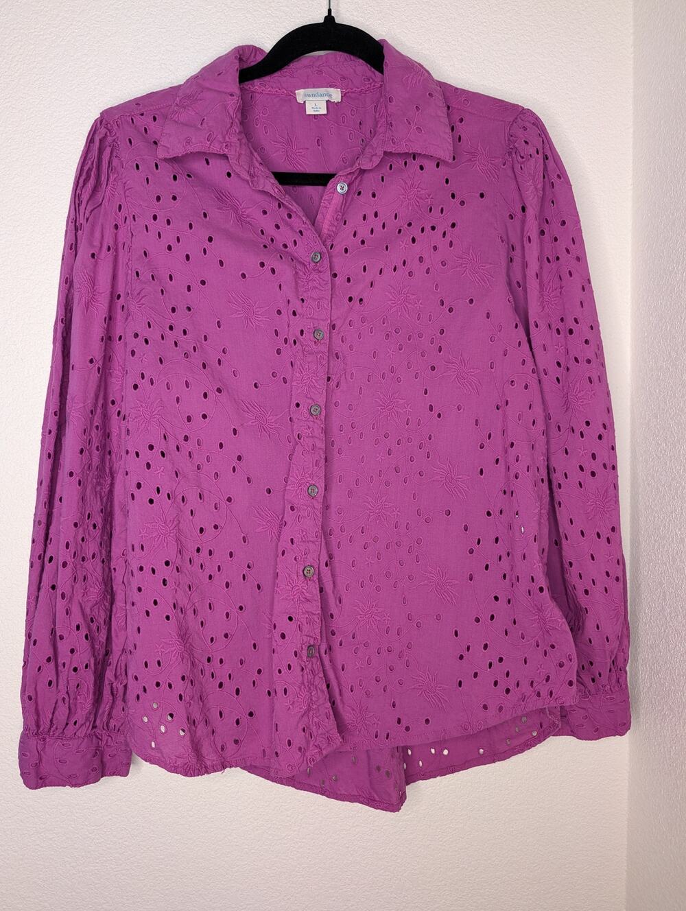 Sundance Catalog Pink Embroidered Eyelet Blouse Floral L Coquette Spring Summer